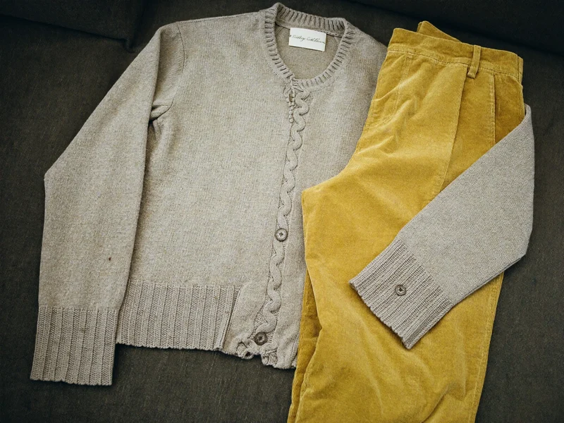 Cardigan tricotat în ovăz și pantaloni reiați galben muștar, așezate plat pe in întunecat.
