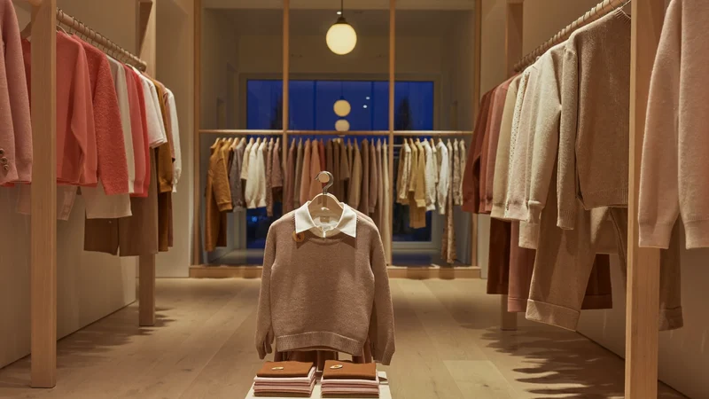Interior de boutique pentru copii la amurg, cu haine pe bare de lemn și tricotaje pe raft.